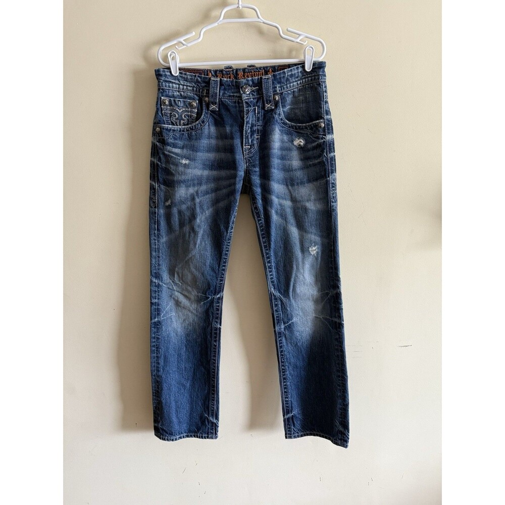 Rock Revival Jeans Mens 32 X 33 Blue Modelo RARE Straight Denim Distressed‎